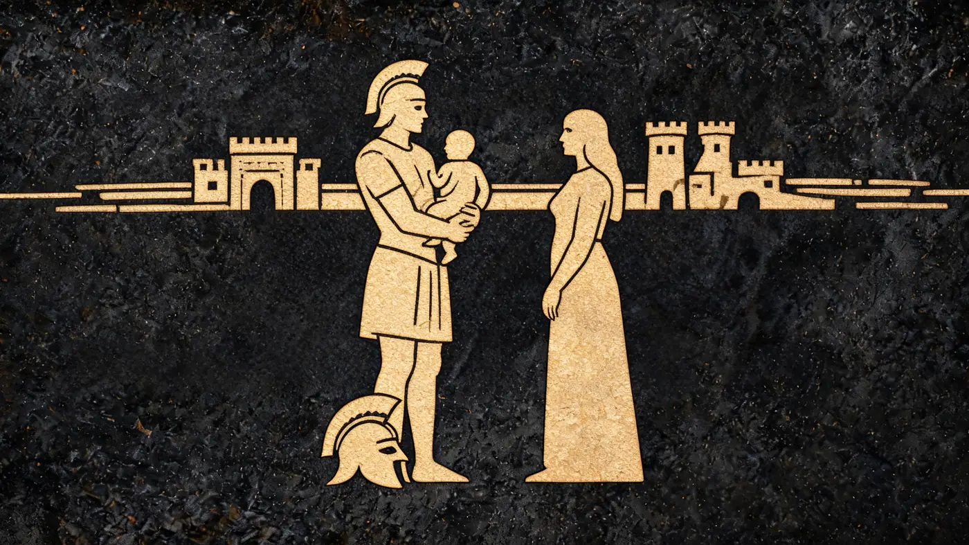 Carved stone relief in gold on black basalt: Hector holding his infant son at the gates of Troy — Greek mythology, Neolithic Store