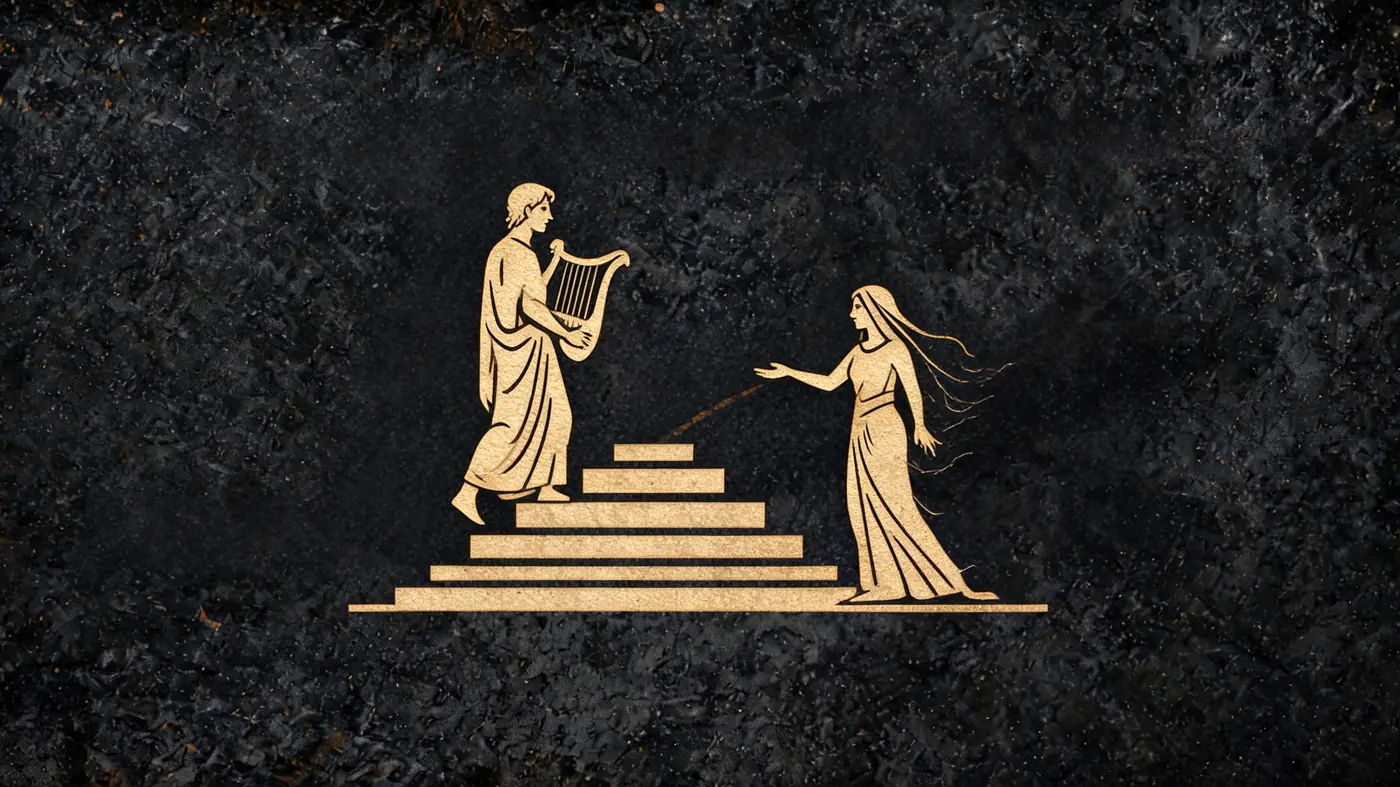 Carved stone relief in gold on black basalt: Orpheus turning to look back at Eurydice as she fades on the stair out of the underworld — Greek mythology, Neolithic Store