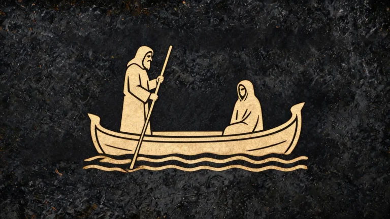 Carved stone relief in gold on black basalt: Charon the ferryman poling a shrouded soul across the river Styx — Greek mythology, Neolithic Store