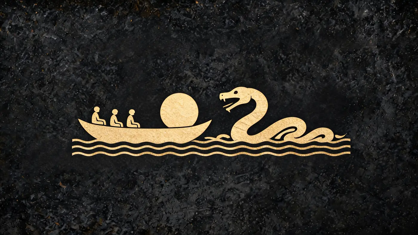Carved stone relief in gold on black basalt: Ra's sun boat sailing the underworld river toward the serpent Apep — Egyptian mythology, Neolithic Store