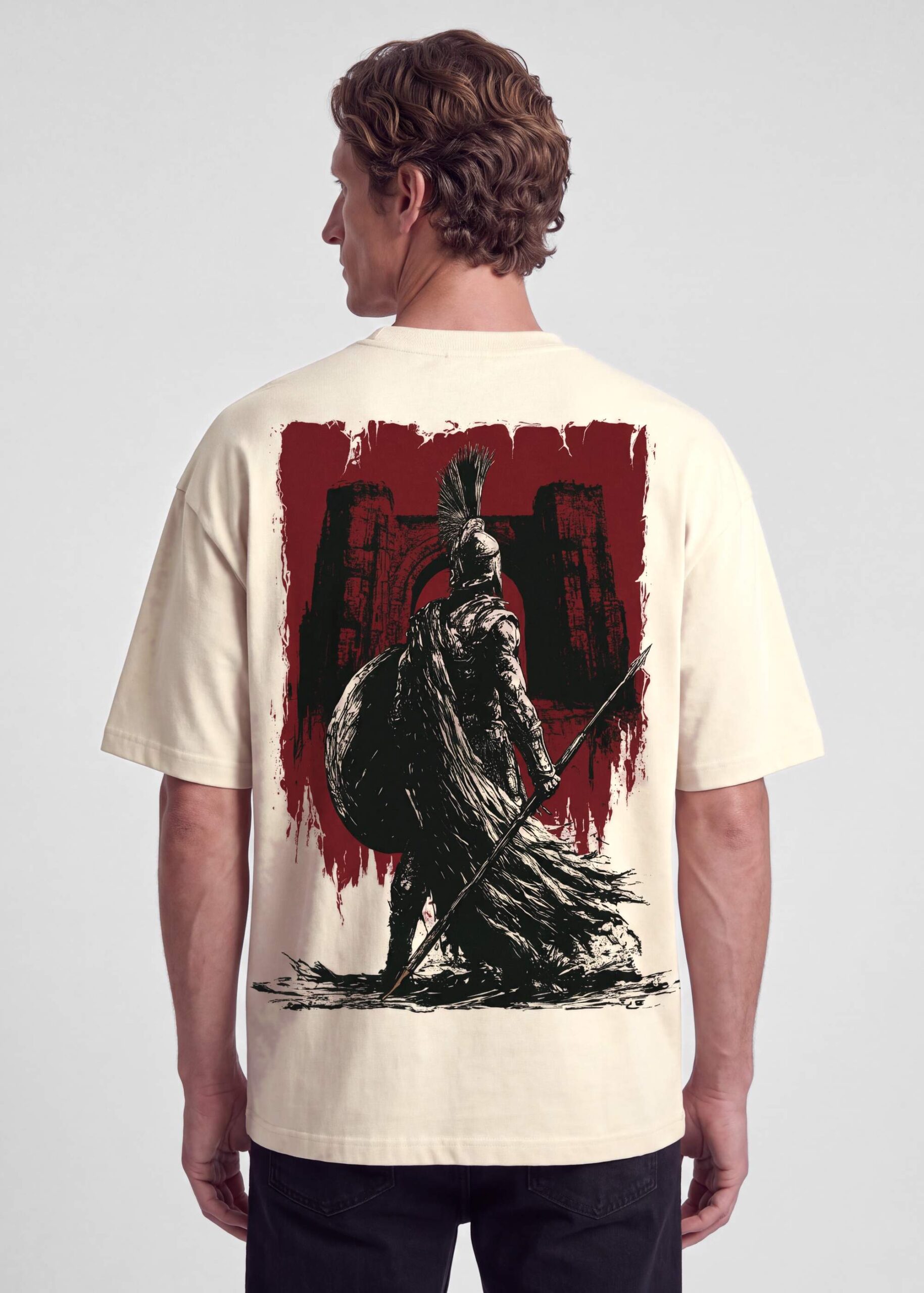 The Last Wall, Greek mythology oversized bone-white t-shirt by Neolithic Store — back print on model