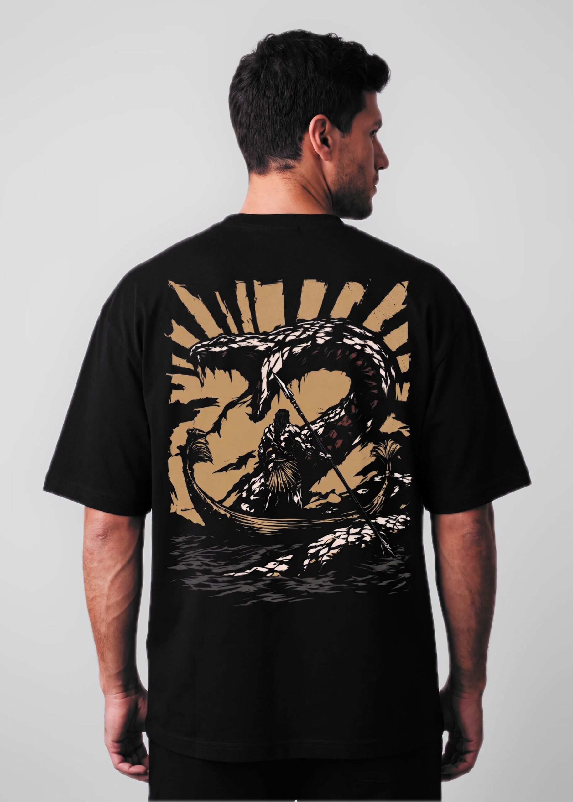 The Seventh Hour, Egyptian mythology oversized black t-shirt by Neolithic Store — model wearing the back print