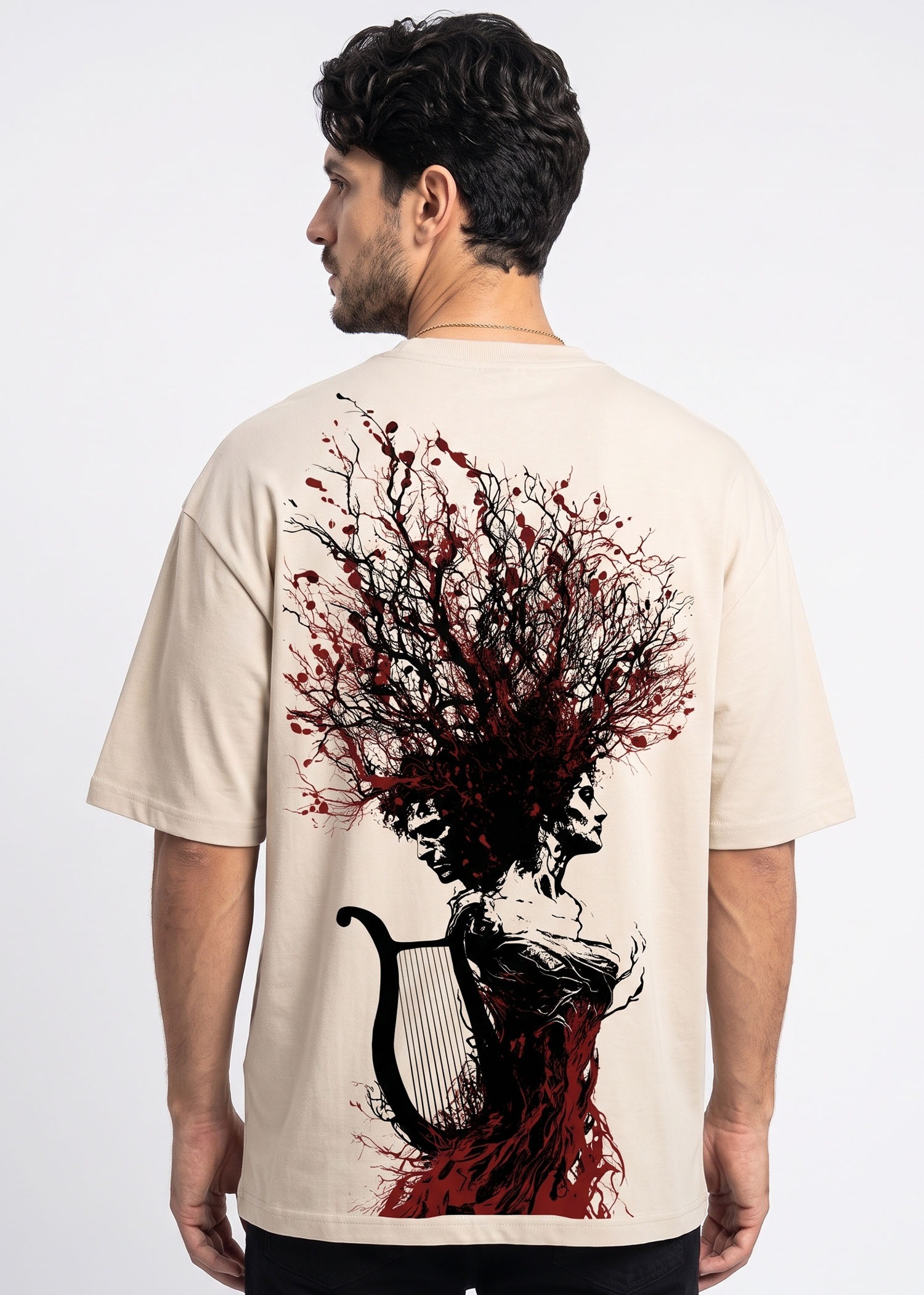 The Silence Behind Him, Greek mythology oversized t-shirt by Neolithic Store — back print, Orpheus and Eurydice as one figure with the lyre, on model